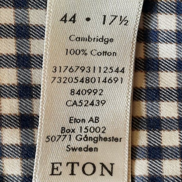 Eton AB Cambridge Blue White checkered 100% Long Sleeve Cotton Shirt 17.… - Picture 3 of 5